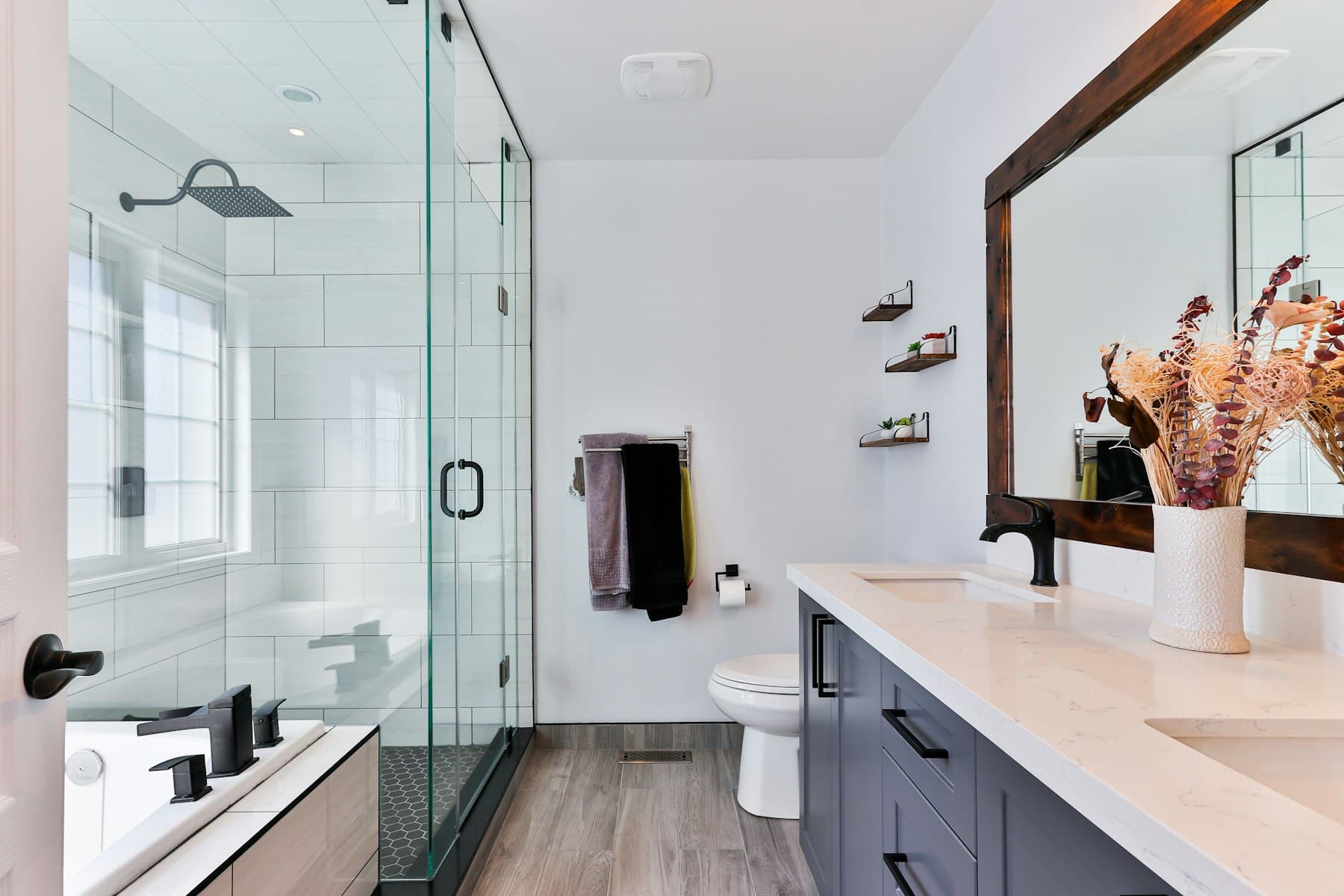 Chrome tapware on a stone vanity